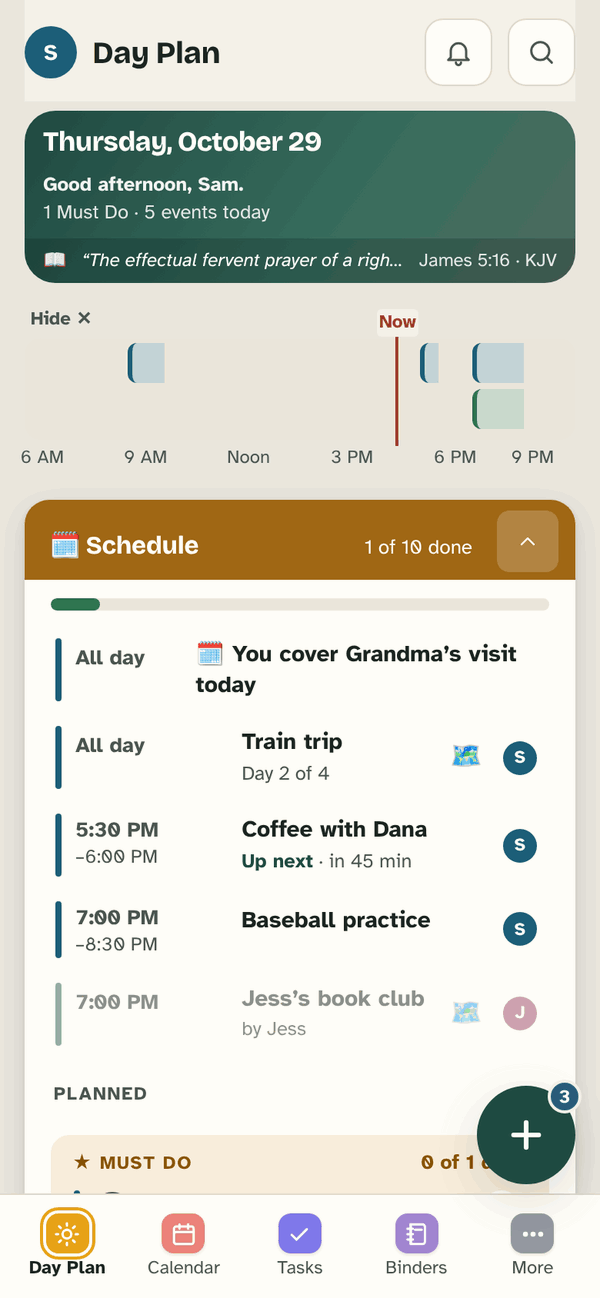 Day Plan on a phone: Thursday, October 29, a timeline of the day and the schedule, with the next event marked Up next.